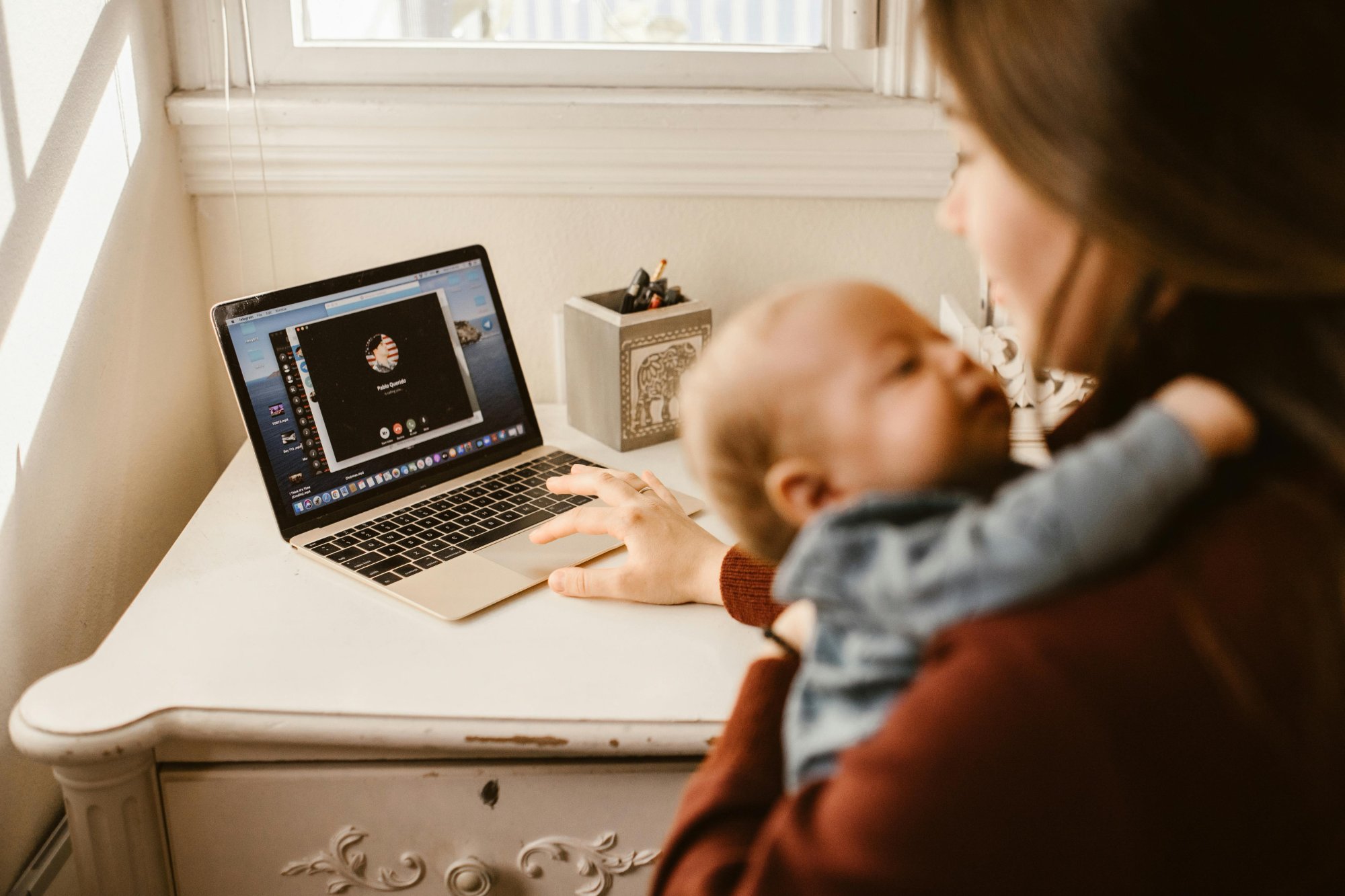 Woman working from home with focus and balance